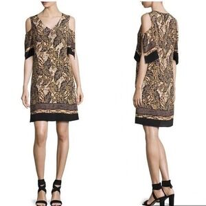 Kobi‎ Halperin Silk Natalie Leaf Print Split Sleeve Shift Dress KS7D13-1C M
